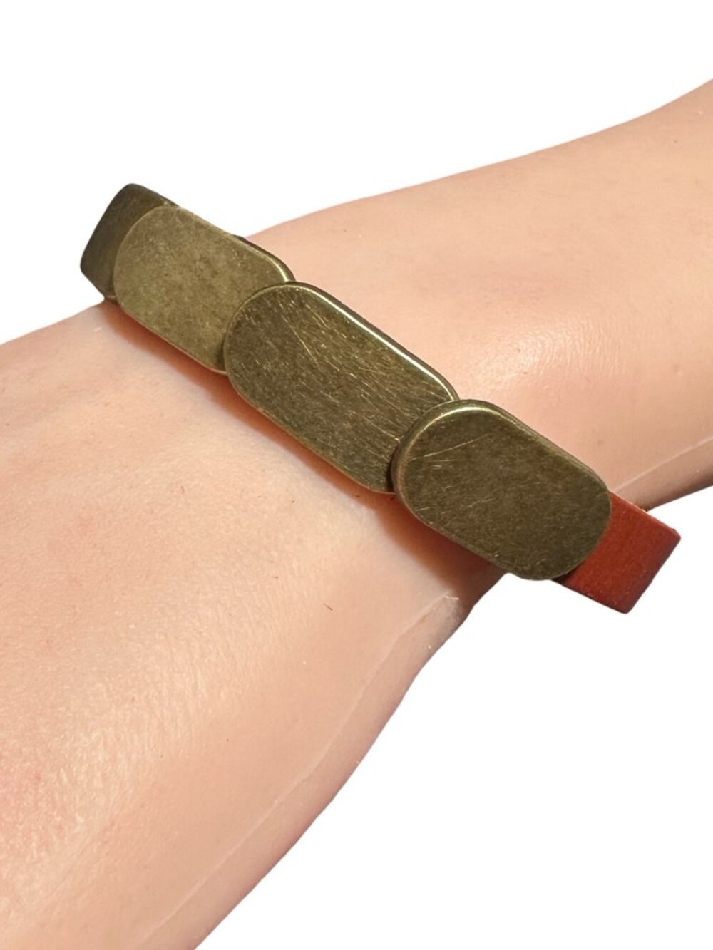 Wrap Bracelet Faux Leather Triple Snap Closure Brass Plate Front Womens Jewelry